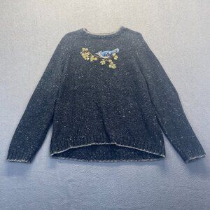 Woolrich Womens Sweater Size XL Gray Bird Embroidered Wool Blend Blue Jay Winter